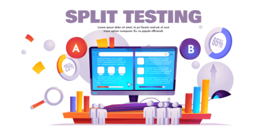 SPLIT TESTING illustration comparing versions A and B with a screen and graphs