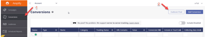 Conversions screen in the Outbrain Amplify system with the Outbrain Pixel button