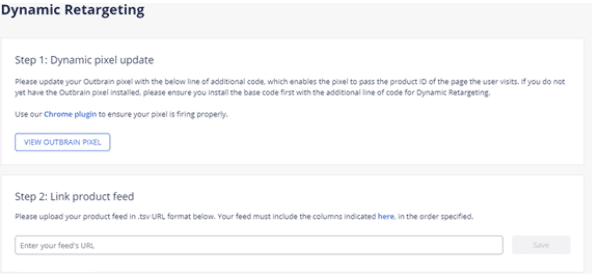 Outbrain Dynamic Retargeting settings interface for updating the pixel and connecting a product feed