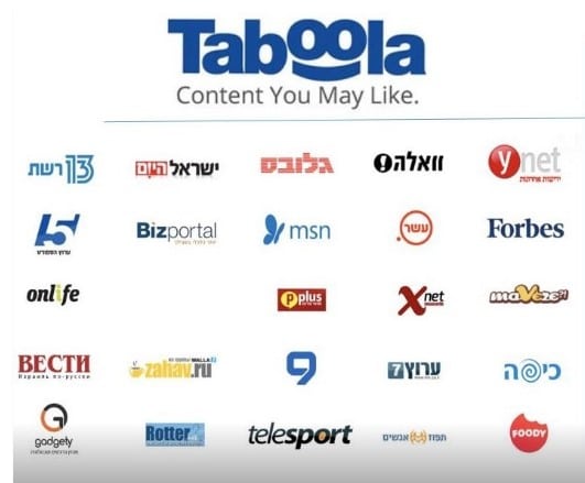 Taboola logo above a collection of Israeli news and content website logos