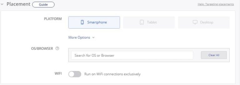 Placement settings interface for selecting Smartphone platform and operating system