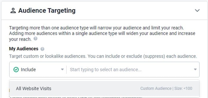 Audience Targeting interface for defining audiences and selecting the All Website Visits audience