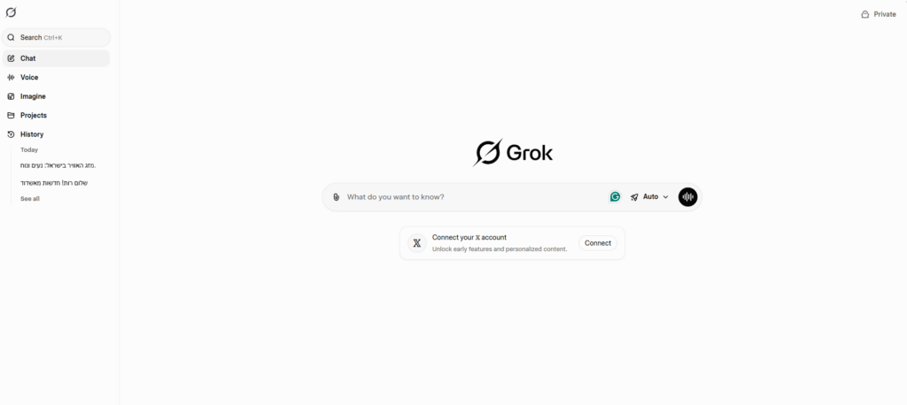 Grok's chat interface with a query box and a side navigation menu