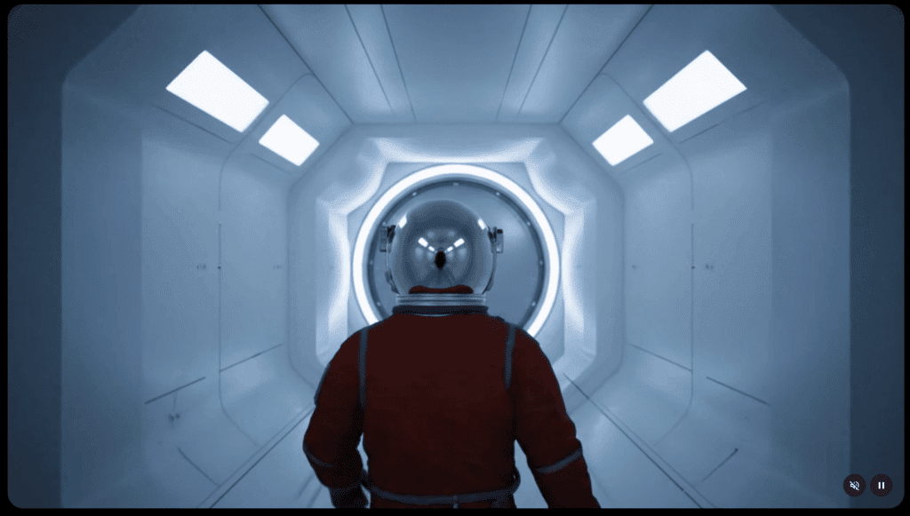 An astronaut in a red spacesuit walking through an illuminated futuristic spaceship corridor