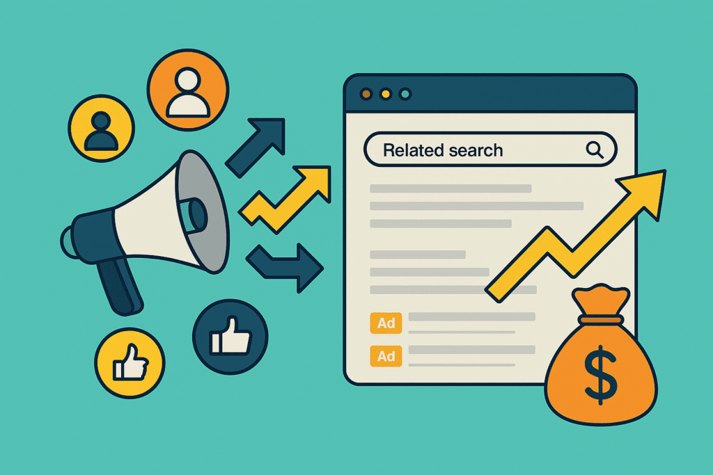 Search window with Related search, Ad ads, a megaphone, and a bag of money
