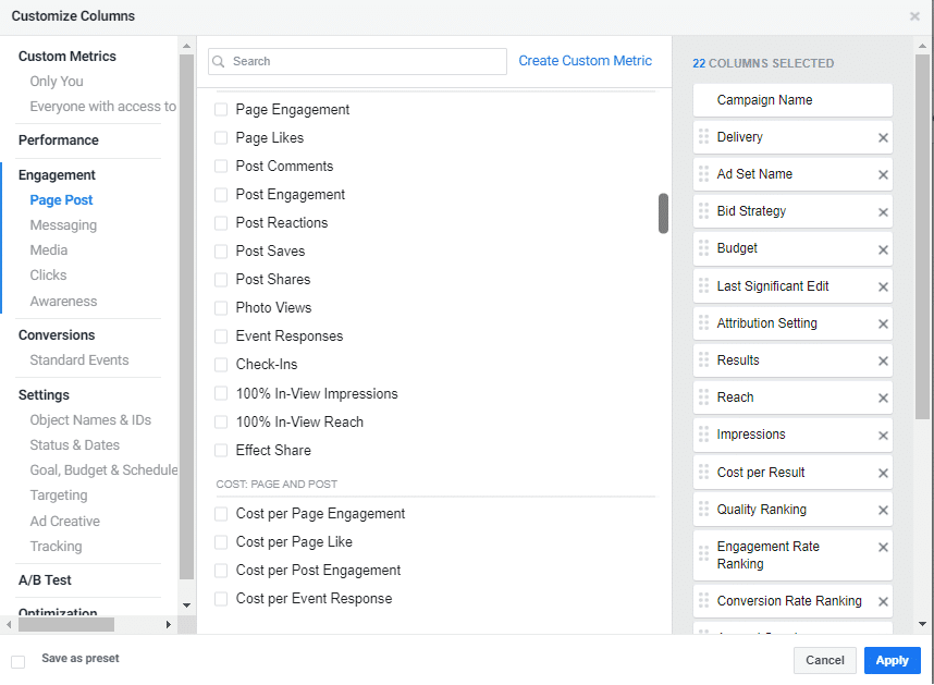 Customize Columns customization in Facebook Ads Manager