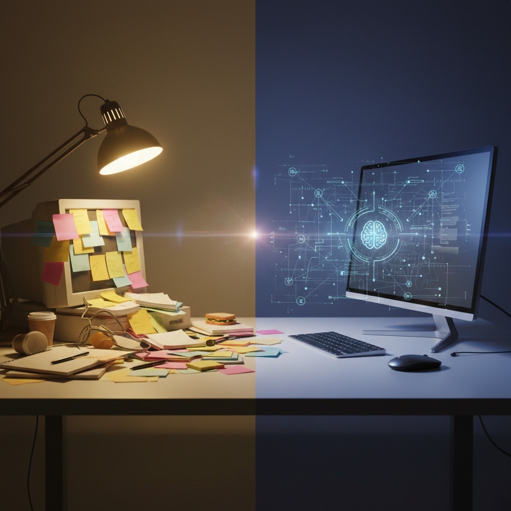 Visual comparison between a pile of notes and documents and an organized digital workspace with an AI network