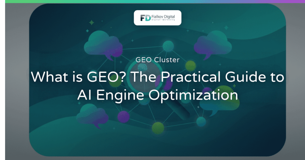 Fialkov Digital graphic titled "GEO Cluster: What is GEO? The Practical Guide to AI Engine Optimization" with tech graphics.
