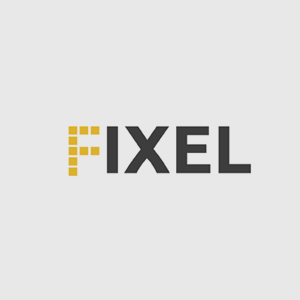 FIXEL logo with the letter F made of yellow pixels on a gray background