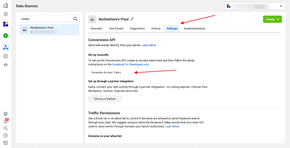 Conversions API settings in Meta Events Manager to Generate Access Token