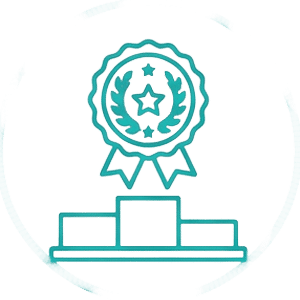 A medal decorated with a star and laurel leaves above a winners' podium