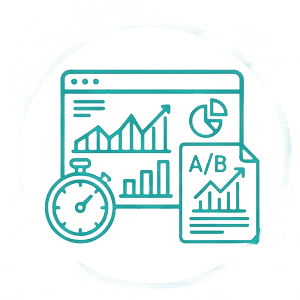 Dashboard with graphs, a stopwatch, and an A/B testing document