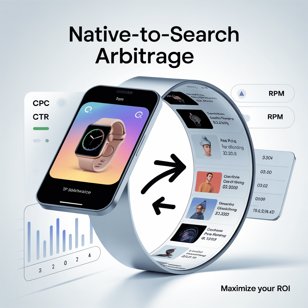 Native-to-Search Arbitrage diagram with a smartphone screen and CPC and RPM advertising metrics