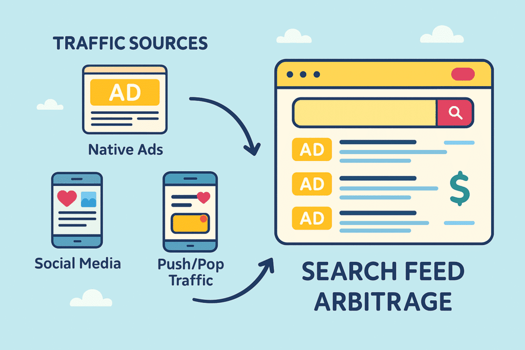 Search Feed Arbitrage diagram and traffic sources directed to search ads