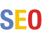 The word SEO in capital letters in blue, yellow, and red colors
