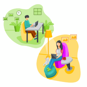 A man and a woman working on laptops from home in different environments